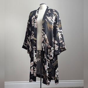 Black White Floral Kimono Duster Open Front Pockets Medium Large Romantic Boho